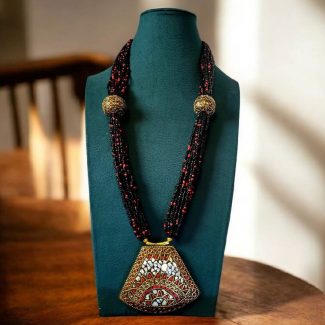 Unique Red & Black Beaded Necklace with Artistic Pendant